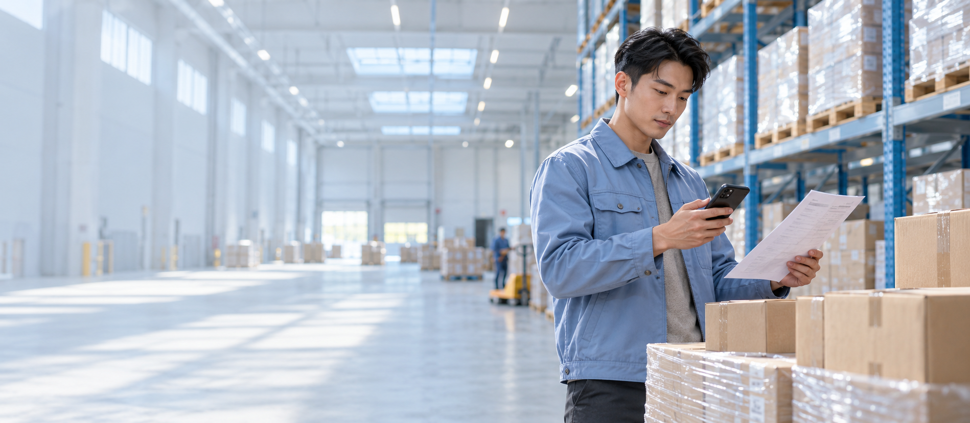 Warehouse employee checking an order on his phone next to stacked parcels