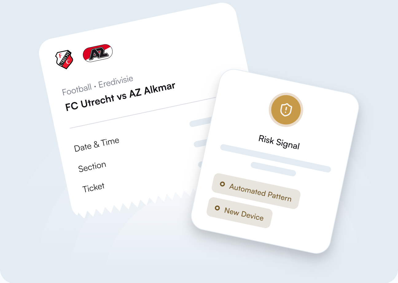 Event ticket with a risk signal card flagging an automated pattern and a new device