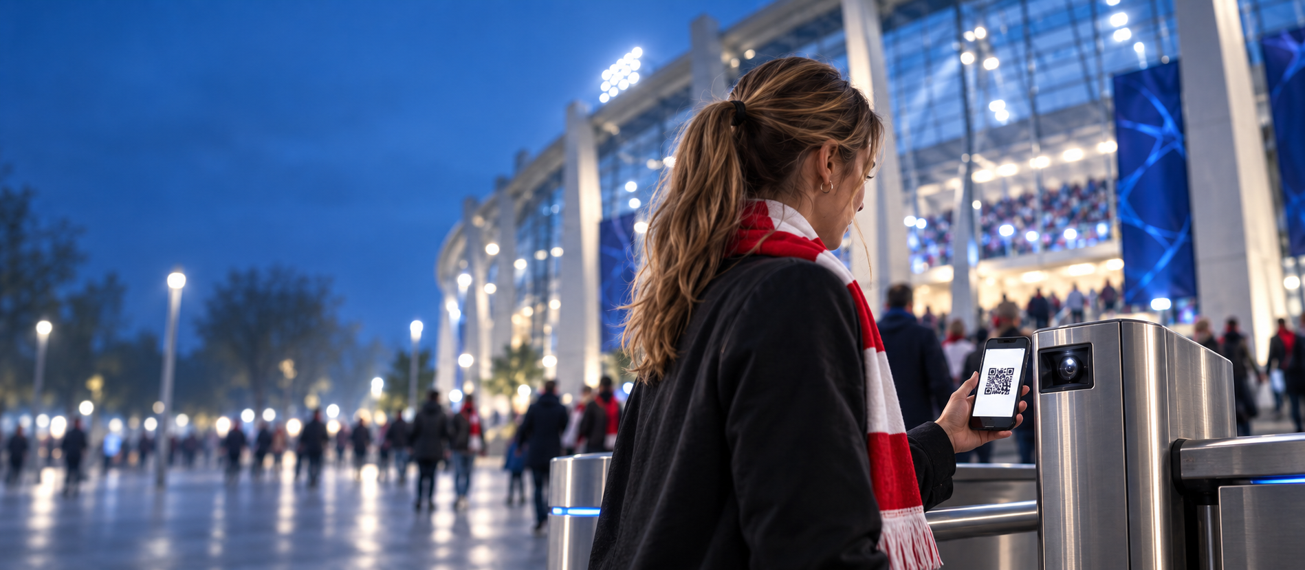 Supporter scanning a QR ticket at a stadium entry gate