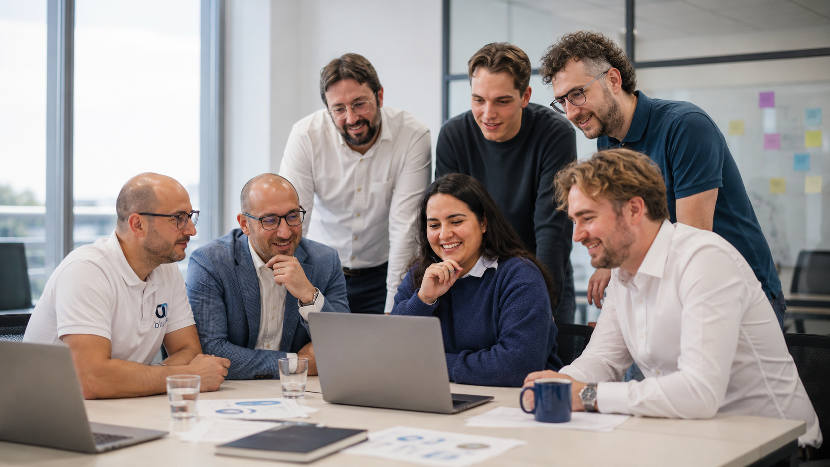 Bluem team gathered around a laptop