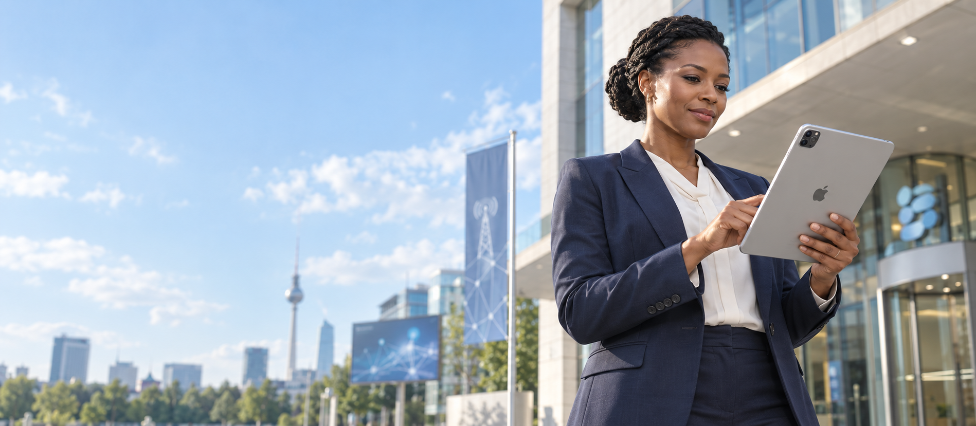 Professional woman verifying a utility service activation on a tablet outside an office building